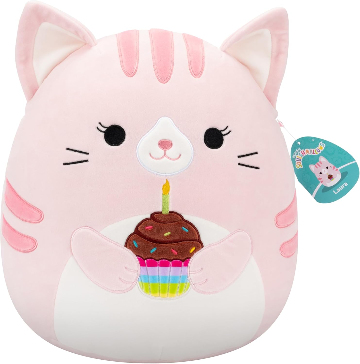 Squishmallows Laura 14" Pink Tabby Cat with Birthday Cupcake